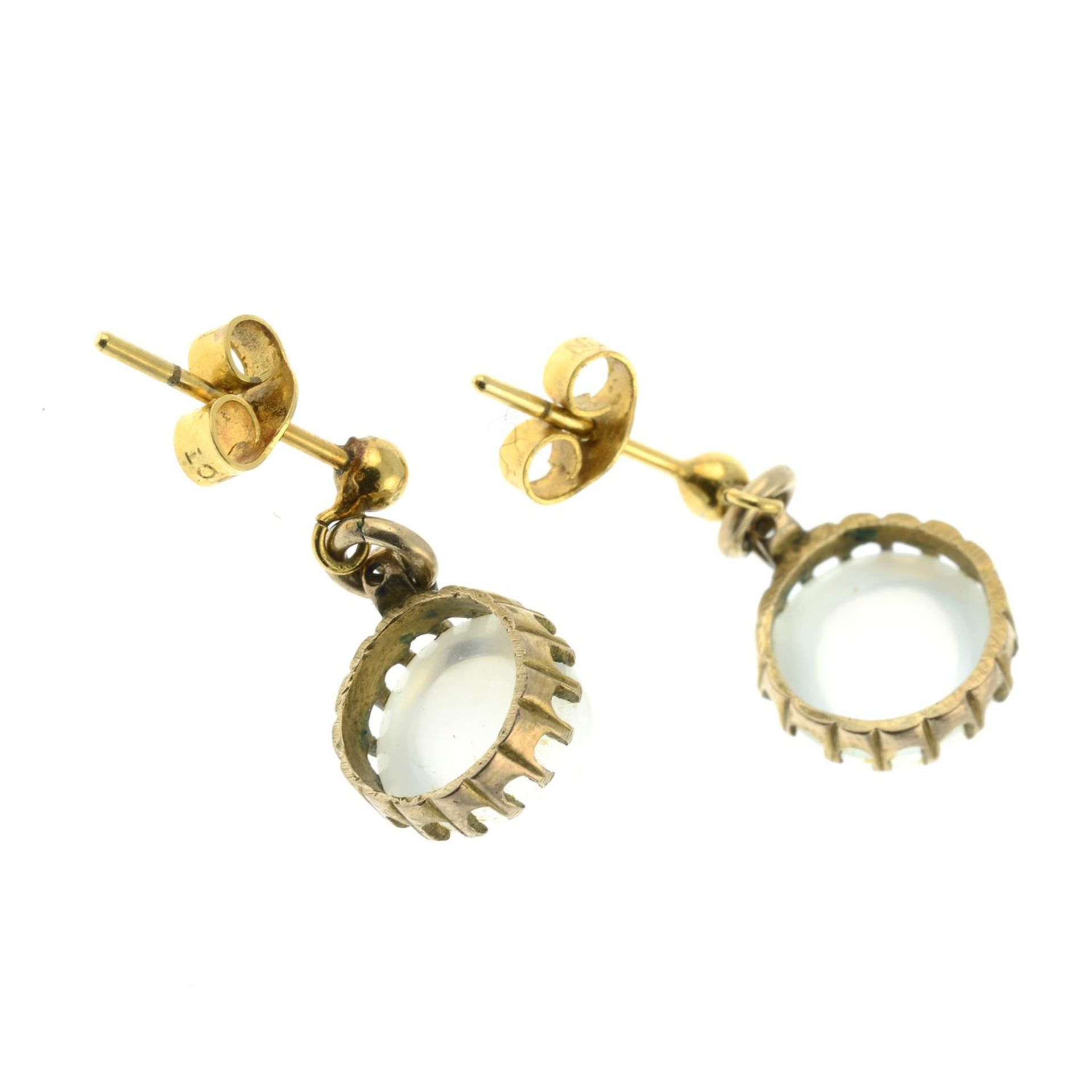 A pair of late Victorian moonstone drop earrings, with later stud fittings. - Image 2 of 2