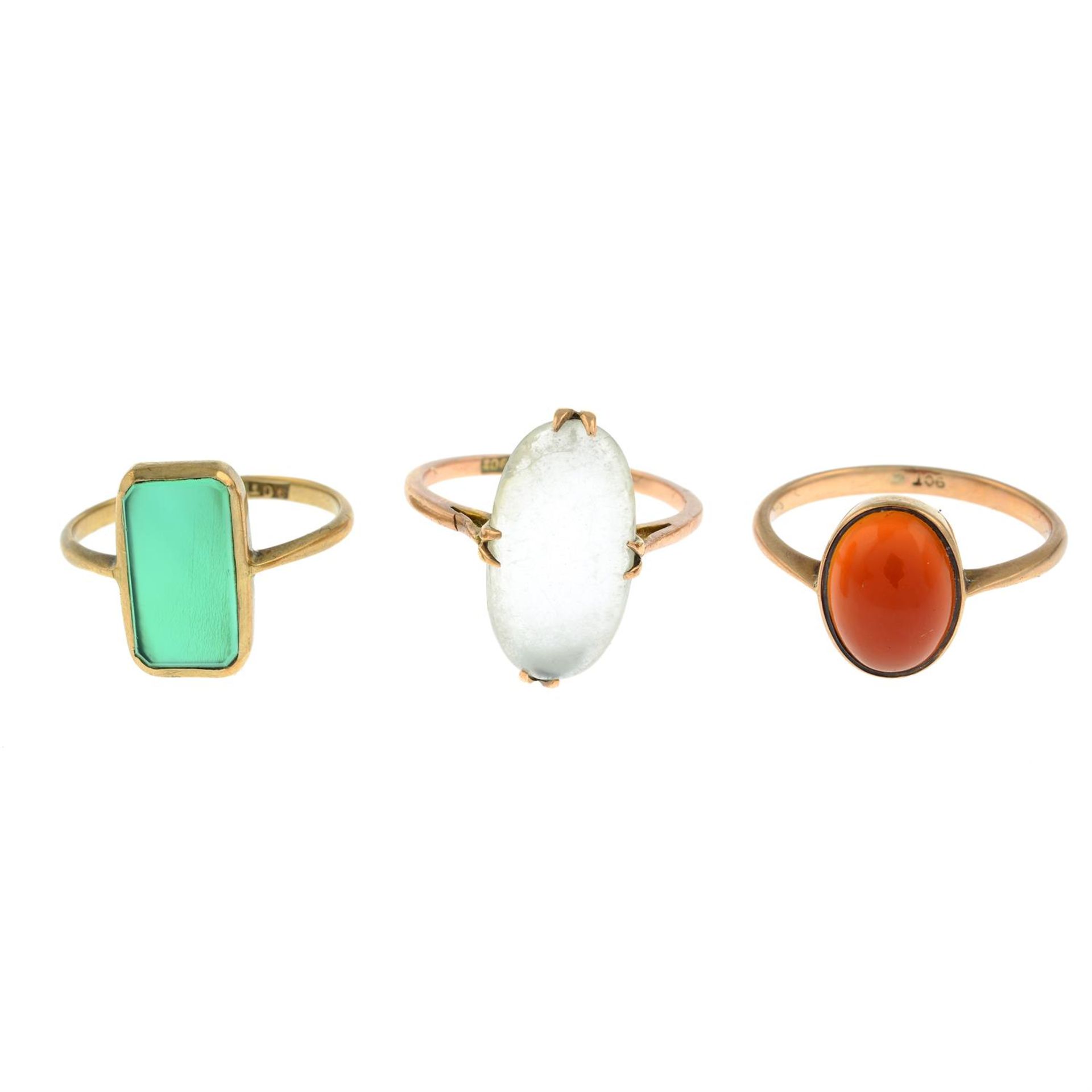 Three early 20th century 9ct gold gem-set single-stone rings.