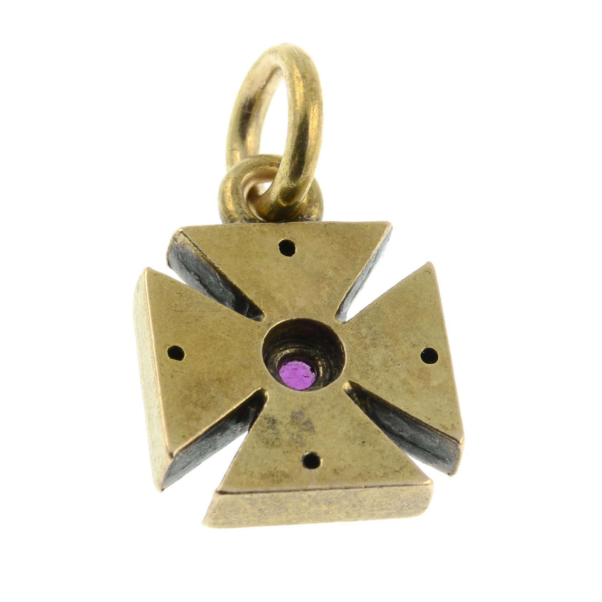 A late 19th century gold split pearl and ruby Maltese cross pendant/ charm. - Image 2 of 2