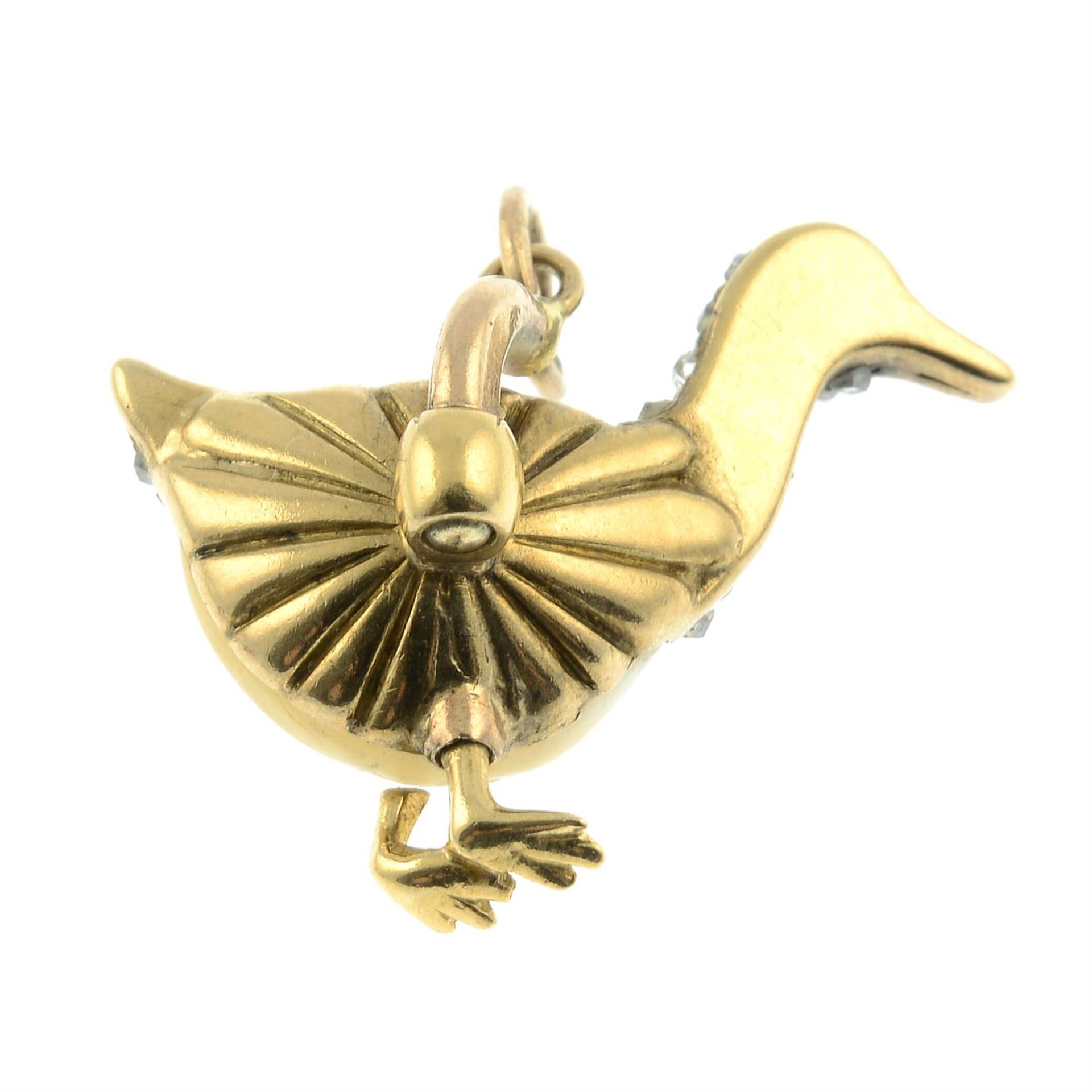 A late 19th century 18ct gold and silver, pearl, rose-cut diamond and ruby duck pendant. - Image 2 of 2