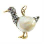 A late 19th century 18ct gold and silver, pearl, rose-cut diamond and ruby duck pendant.