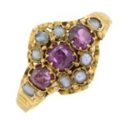 An early 20th century 15ct gold ruby and split pearl ring.
