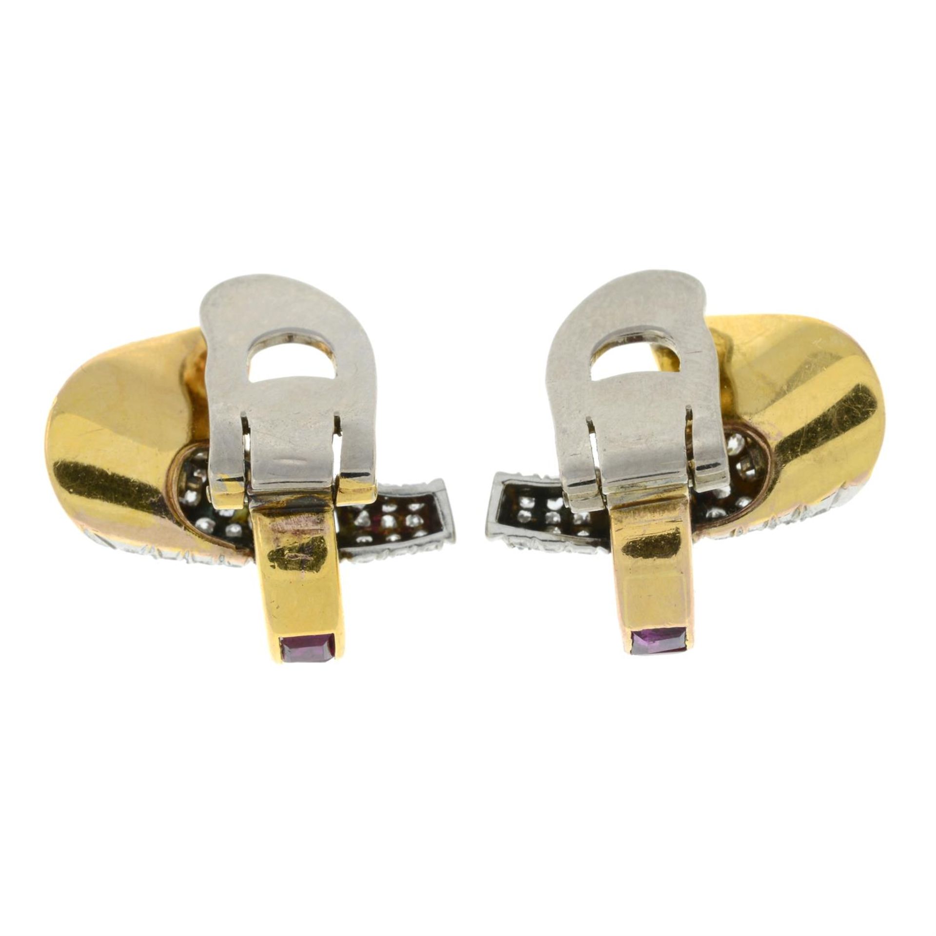 A pair of 1940s platinum and gold Burmese ruby, citrine and pavé-set diamond scroll earrings. - Image 2 of 2