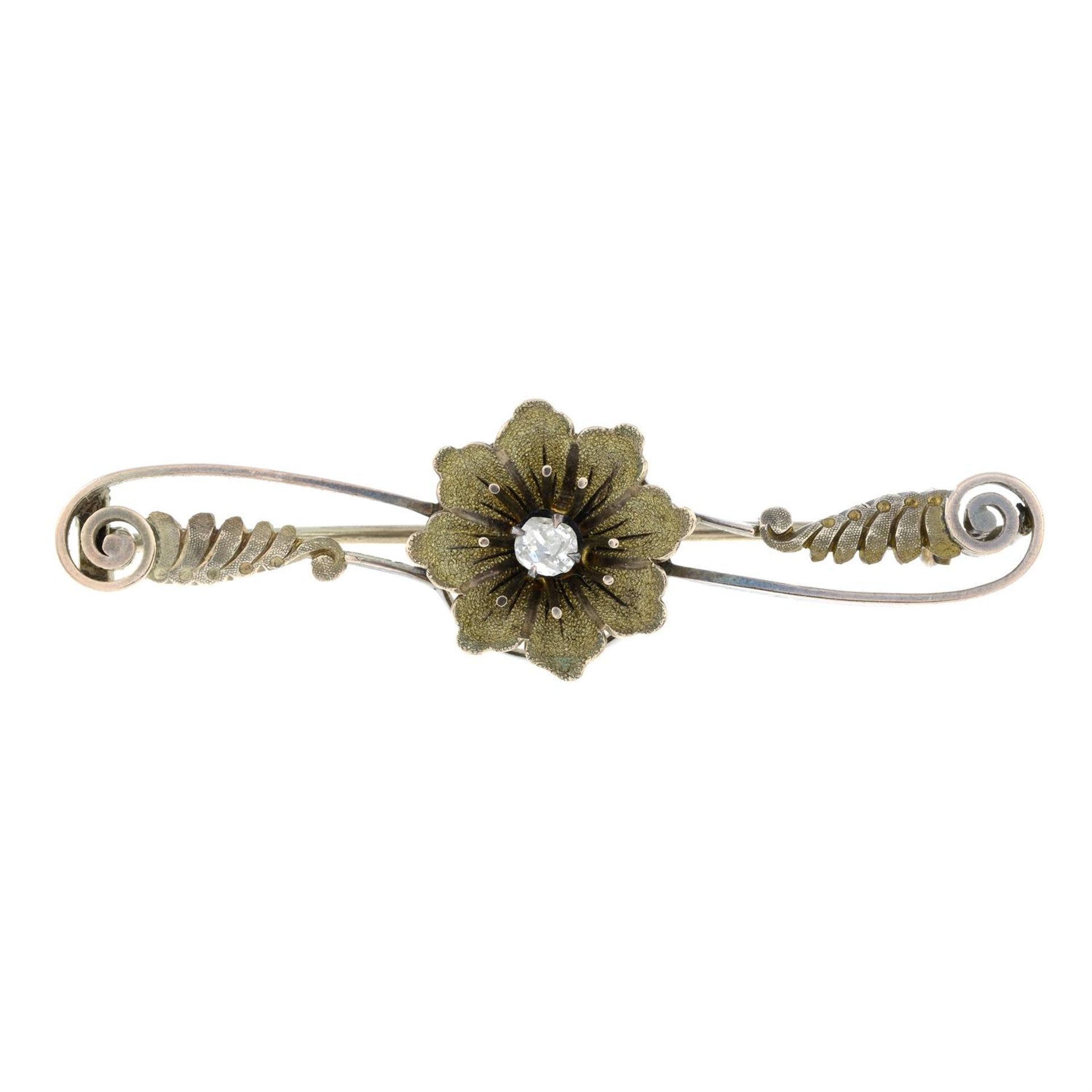 An early 20th century old-cut diamond floral bar brooch.
