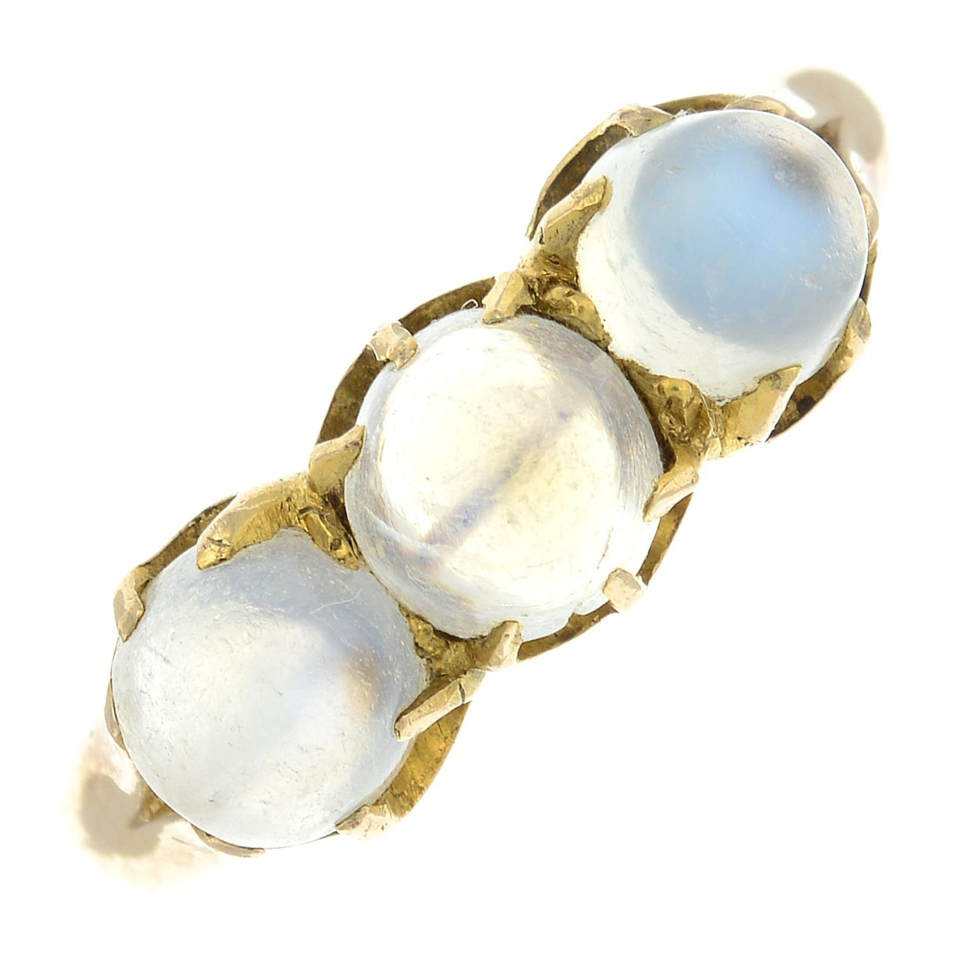 A late Victorian 9ct gold moonstone three-stone ring.