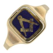 A 9ct gold blue enamel masonic compass spinner ring.