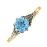 A blue zircon single-stone ring.