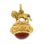 An early Victorian 18ct gold jasper fob of a standing lion.