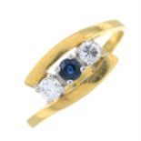 An 18ct gold sapphire and brilliant-cut diamond three-stone ring.