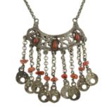 A coral fringe necklace.