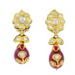 A pair of fancy-cut diamond, ruby and enamel drop earrings.