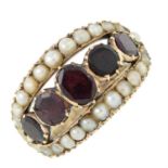 A Georgian 9ct gold split-pearl and garnet ring. AF.