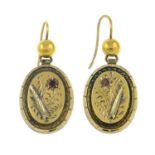 A pair of early 20th century 10ct gold appliqué drop earrings with floral motif.