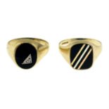 Two 9ct gold onyx signet rings.