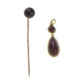 A late 19th century garnet pendant, with similarly aged garnet stick pin.