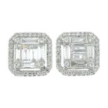 A pair of vari-cut diamond square-shape cluster earrings.