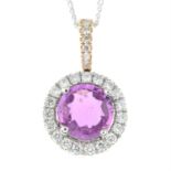 An 18ct gold pink sapphire and diamond cluster pendant, with chain.