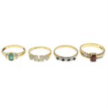 Four 9ct gold gem-set rings.