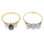 A 9ct gold diamond three-stone ring and a 9ct gold sapphire and diamond ring.