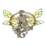 A plique-a-jour enamel brooch of a winged lady.