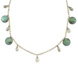 An early 20th century Arts and Crafts 9ct gold enamel and split pearl multi-drop necklace.