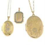 Three 9ct gold lockets, with two chains.