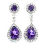 A pair of 18ct gold amethyst and diamond cluster earrings with optional suspended cluster.