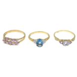 Three 9ct gold diamond and gem-set rings.