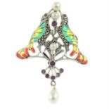A plique-à-jour enamel, marcasite, cultured pearl and ruby bird brooch.