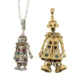 Two gem-set clown pendants, one with chain.
