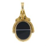 A late Victorian 9ct gold bloodstone and banded agate swivel fob.