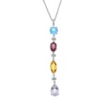 A 9ct gold diamond, topaz, tourmaline, citrine and amethyst pendant, with chain.