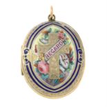 A late Victorian enamel and engraved locket featuring a floral and cross motif.