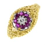A textured modernist single-cut diamond & ruby cluster ring.