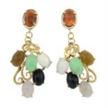 A pair of vari-hue jade cabochon-set drop earrings.