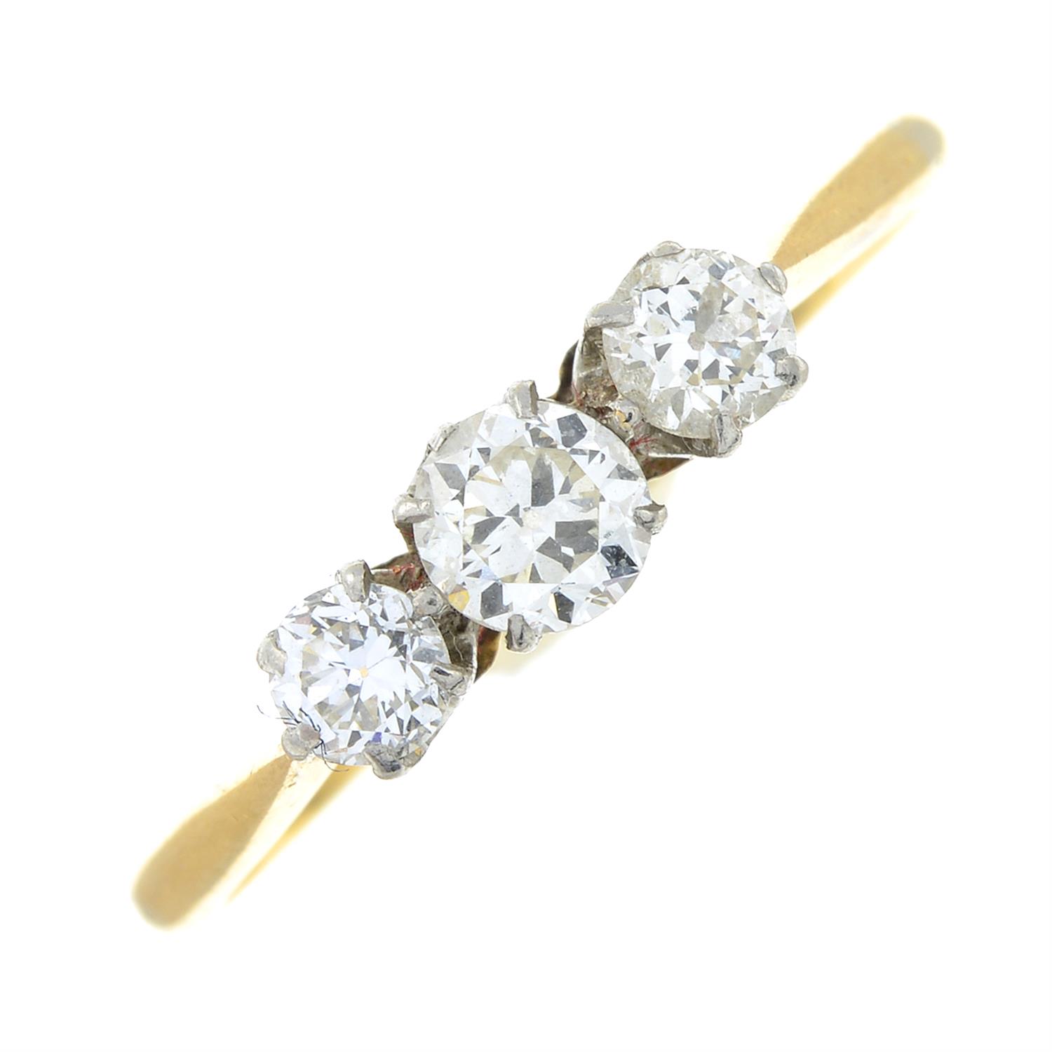 An 18ct gold old-cut diamond three-stone ring.