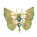 An 18ct gold single-cut diamond & multi-cut emerald butterfly brooch.