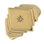 A mid 20th century 9ct gold signet ring, with single-cut diamond highlight.