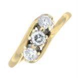 A 9ct gold brilliant-cut diamond three-stone ring.