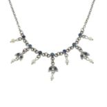 A sapphire and cultured pearl fringe necklace.