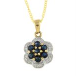 A 9ct gold sapphire and pave-set diamond cluster pendant, with 9ct gold chain.