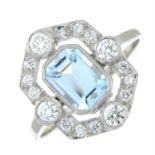 An aquamarine and diamond cluster ring.