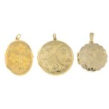 Three 9ct gold locket pendants.