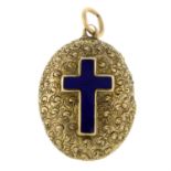 A 19th century, 18ct gold, mourning locket with blue enamel cross and engraved scrolling foliate