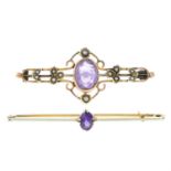 Two early 20th century gold amethyst and split pearl brooches.