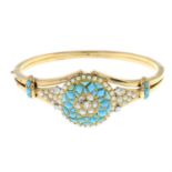 A late Victorian gold diamond, split pearl and turquoise hinged bangle.