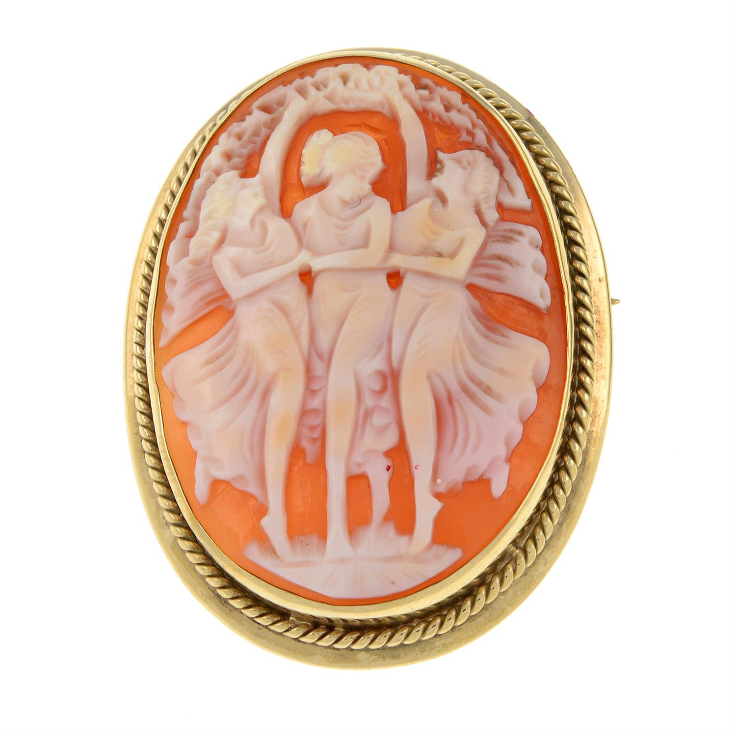 A 1980s 9ct gold shell cameo brooch, depicting 'Three Graces'.