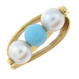 A cultured pearl and re-constituted turquoise three-stone ring.