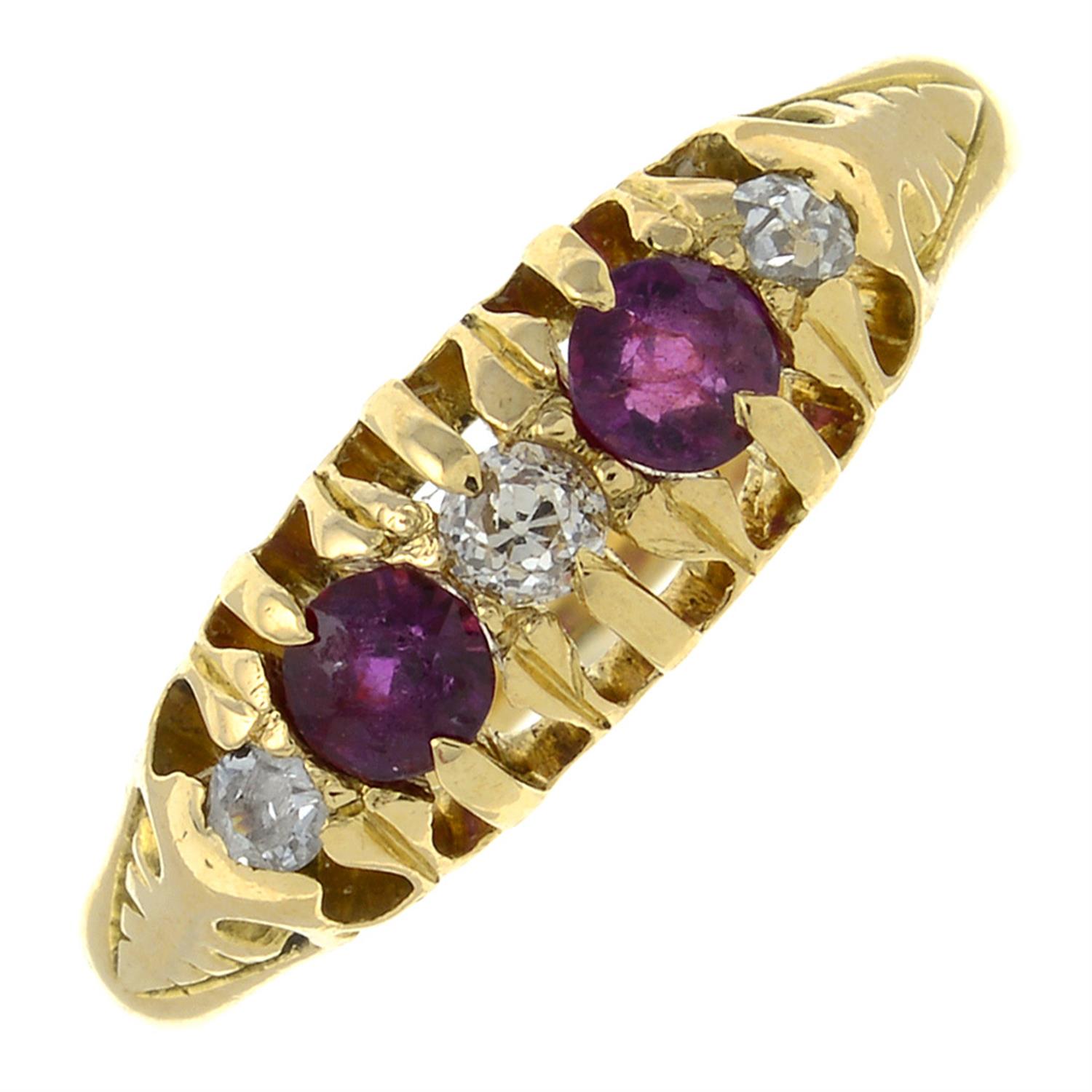 A ruby and old-cut diamond five-stone ring.