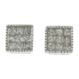 A pair of square-shape diamond cluster stud earrings.